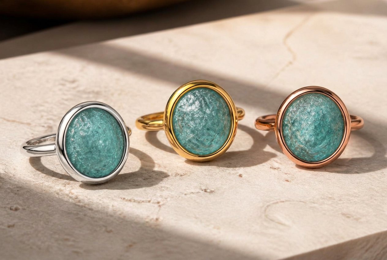 Three Tidal Amazonite Rings side by side in sterling silver, yellow gold vermeil and rose gold vermeil.