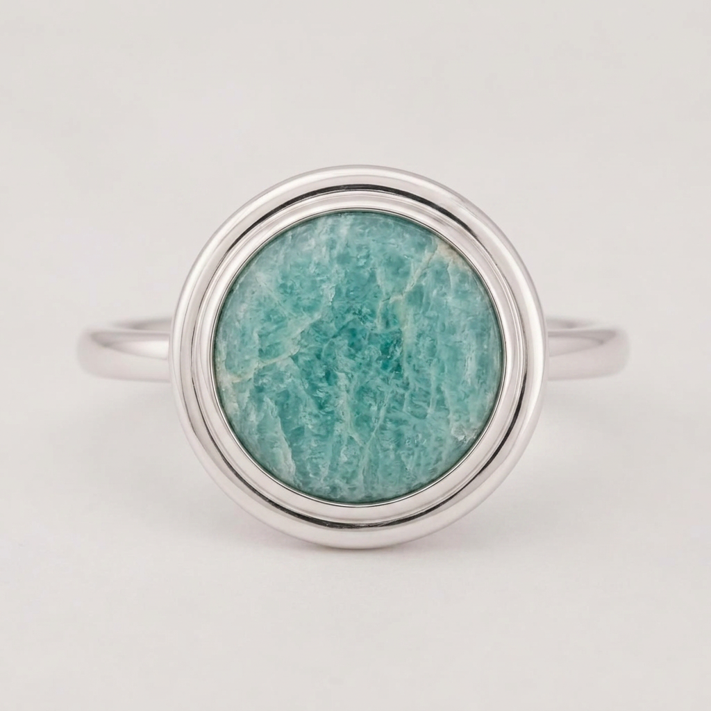 Front view of the Tidal Amazonite Ring showing the natural oval Amazonite stone and slim polished band.