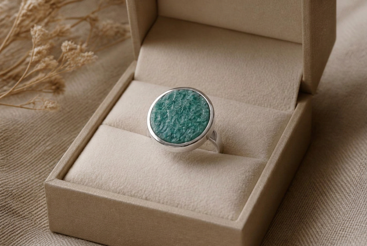 Tidal Amazonite Ring presented in an unbranded sand-coloured Luvoden jewellery box.