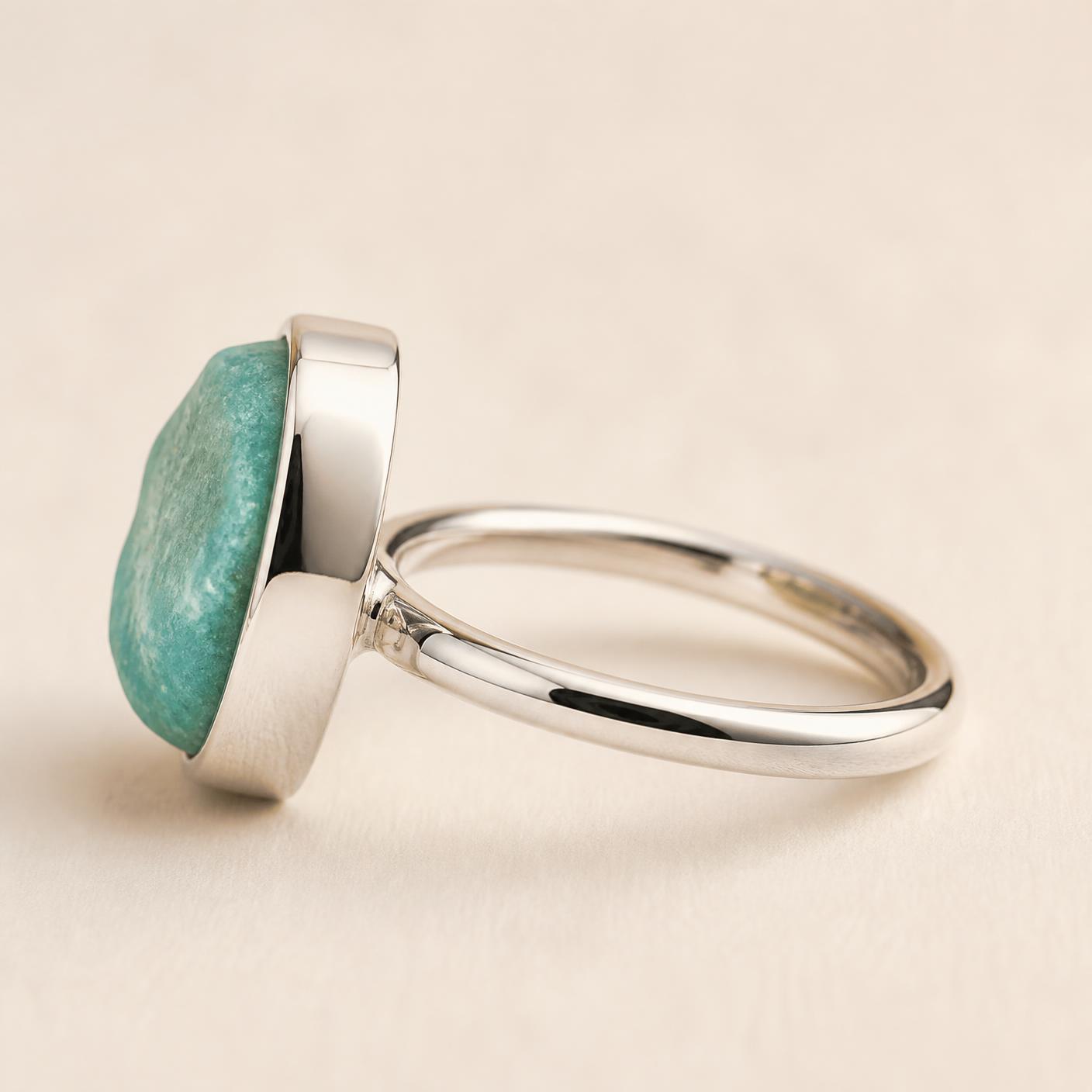 Side profile of the Tidal Amazonite Ring showing the height of the setting above the band.